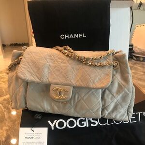 SOLD - LARGE Beige CHANEL flap accordion iridescent bag w Auth Papers - SOLD